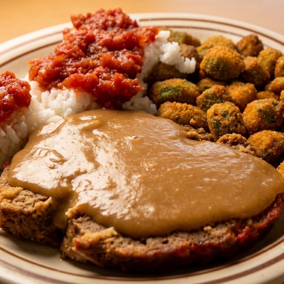 Meatloaf with gravy, white rice with tomato sauce, and fried okra on a speckled plate.