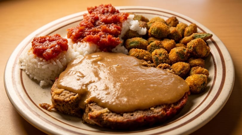 Meatloaf with gravy, white rice with tomato sauce, and fried okra on a speckled plate.
