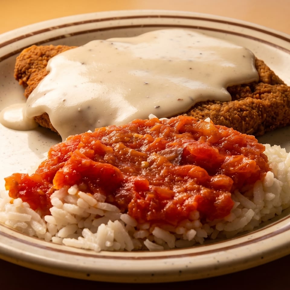 Chicken fried steak with gravy, white rice, and tomato sauce on a speckled plate.