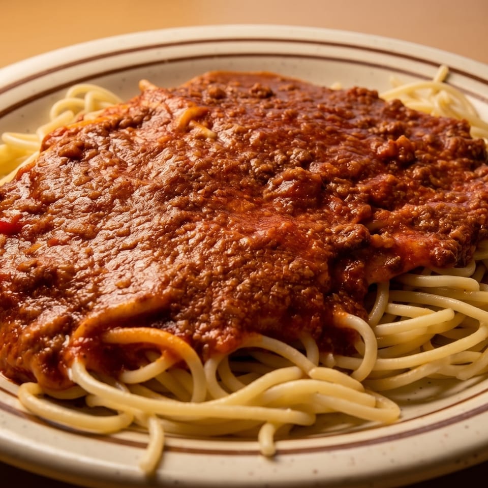 A plate of spaghetti topped with a rich, red meat sauce, presented on a light-colored, striped plate.