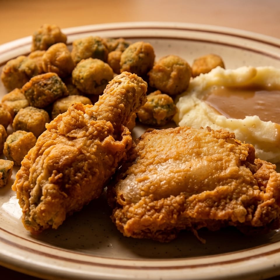Crispy fried chicken, mashed potatoes with gravy, and fried okra served on a plate.