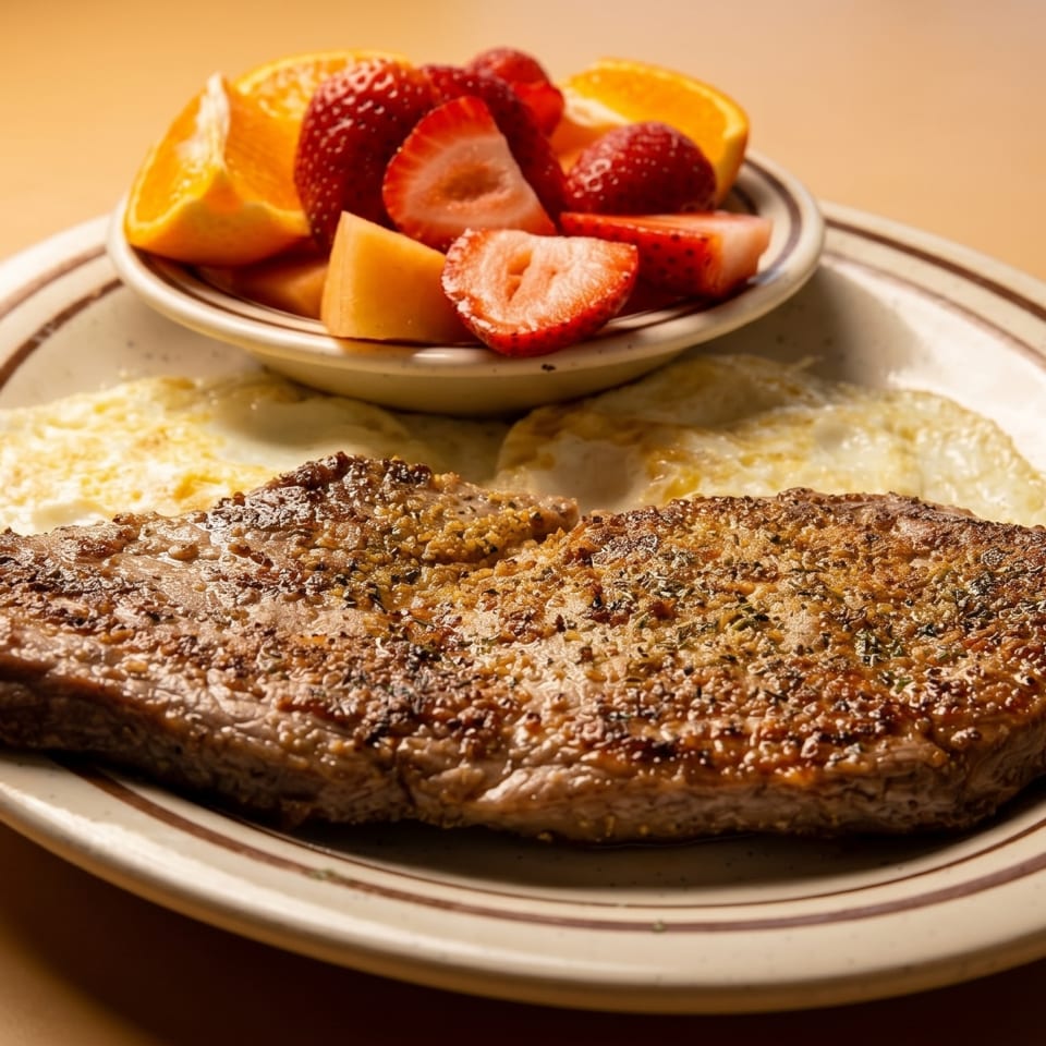 Steak and eggs breakfast with a side of fresh fruit including strawberries and oranges.
