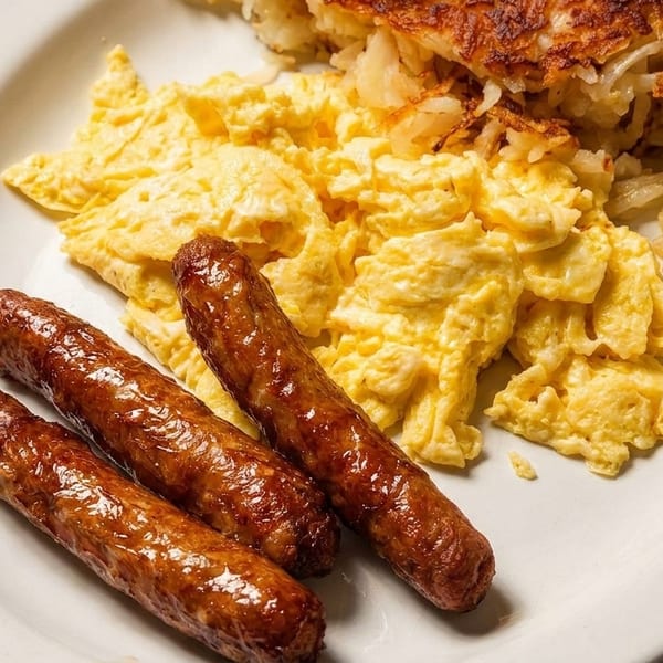 A breakfast plate with three sausage links, scrambled eggs, and hash browns.