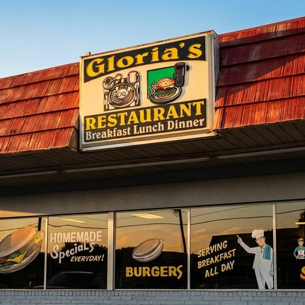 Gloria's Restaurant exterior with a sign and window decals advertising breakfast, lunch, dinner, and curb service.
