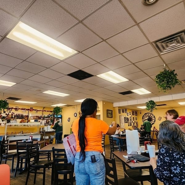 A bustling diner interior with patrons seated at tables and a server in an orange shirt.
