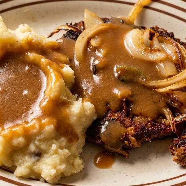 Country fried steak with mashed potatoes, gravy, and caramelized onions on a white plate.