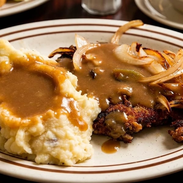 A plate of Salisbury steak with grilled onions, mashed potatoes, and brown gravy.