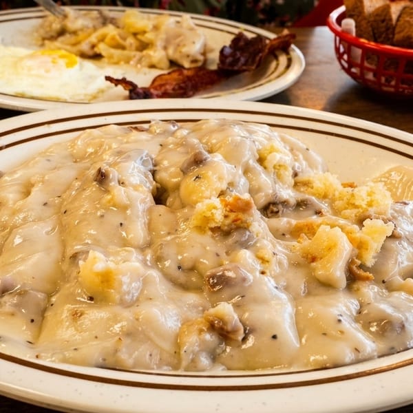 Biscuits and gravy with a side of eggs, bacon, and hash browns on a wooden table.