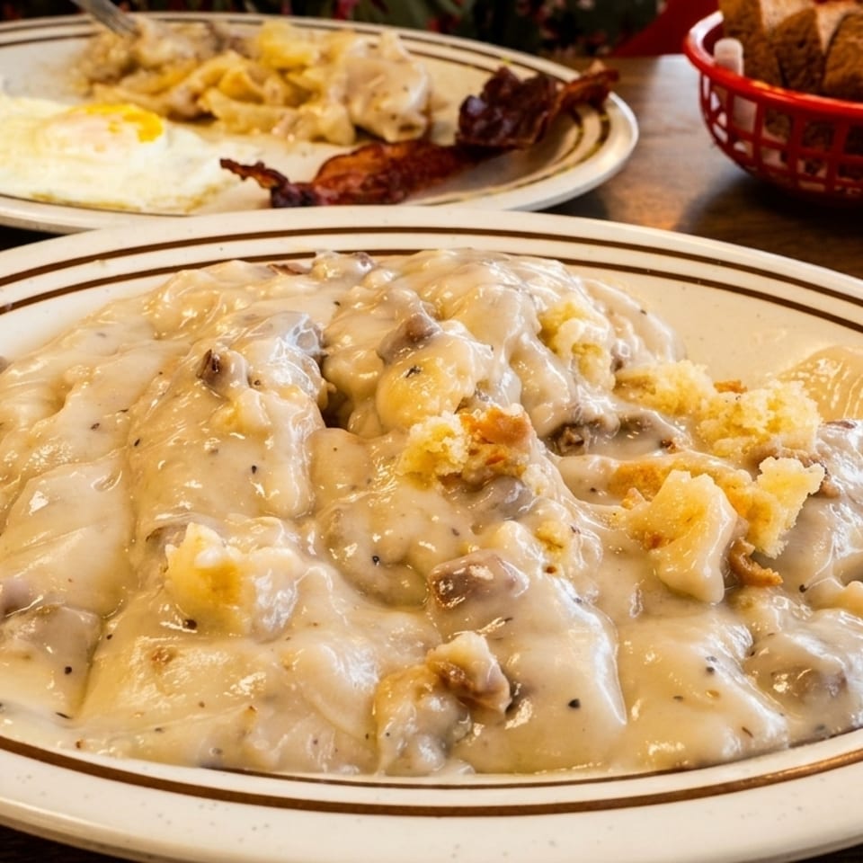 Biscuits and gravy with a side of eggs, bacon, and hash browns on a wooden table.