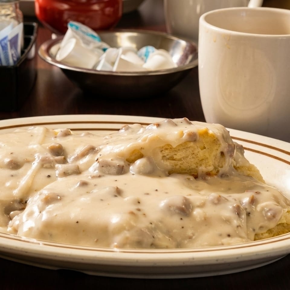 Biscuits and gravy on a plate, with coffee and condiments in the background.