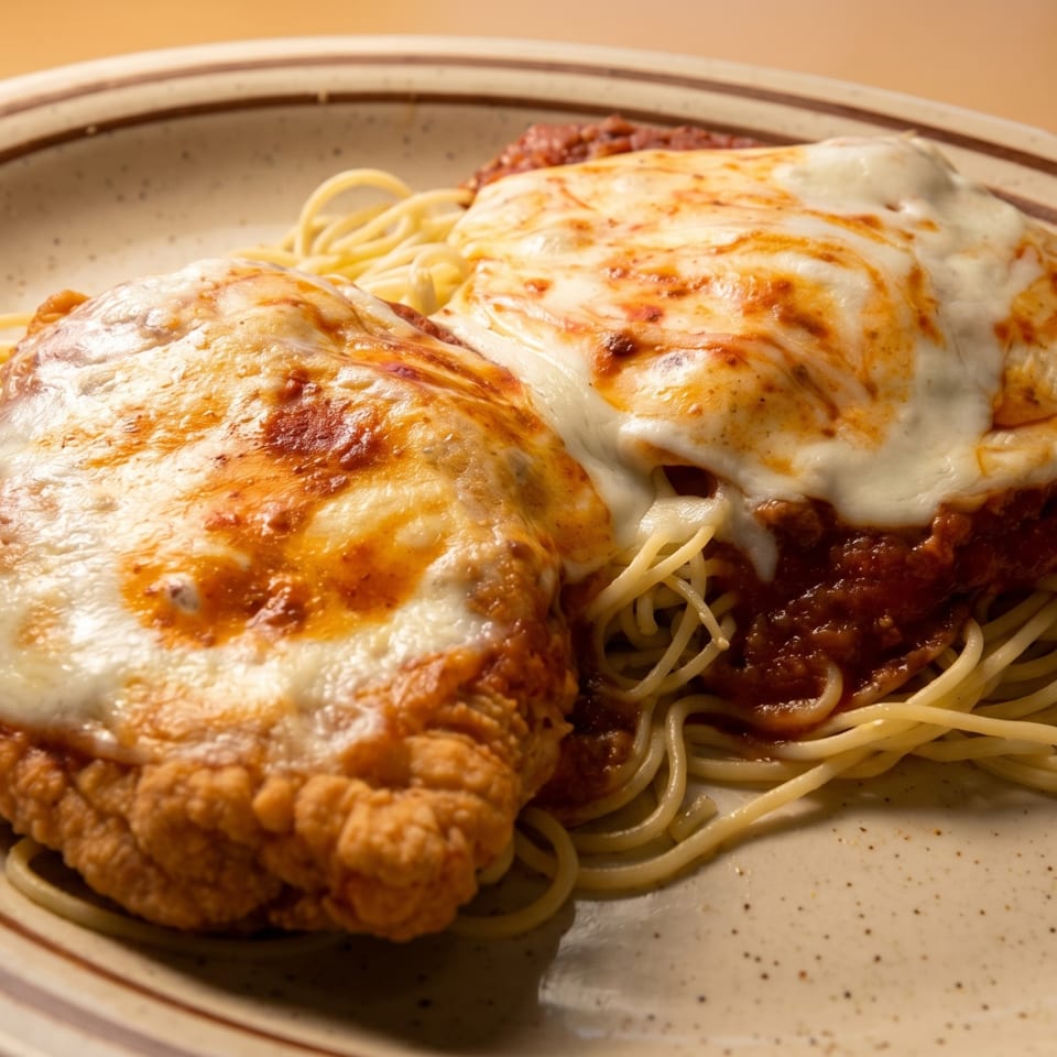 Two chicken parmesan cutlets with melted cheese and marinara sauce on a bed of spaghetti.